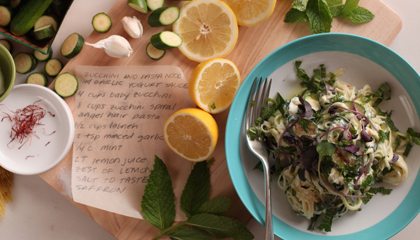 Zucchini and pasta with garlic yogurt sauce.